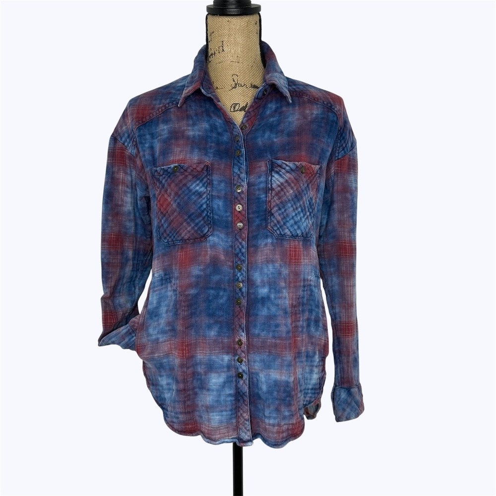 Free People Oversized Double Dip Plaid Shirt Blue Red‎ Button Up Gauzy Sz XS
